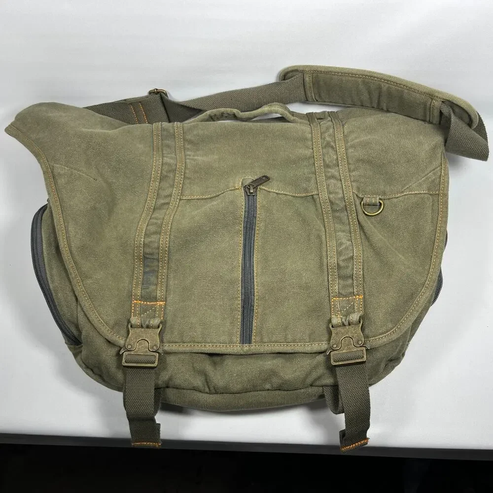 LL BEAN Bag Messenger Laptop Crossbody Paperboy Style Canvas Cotton Green VTG